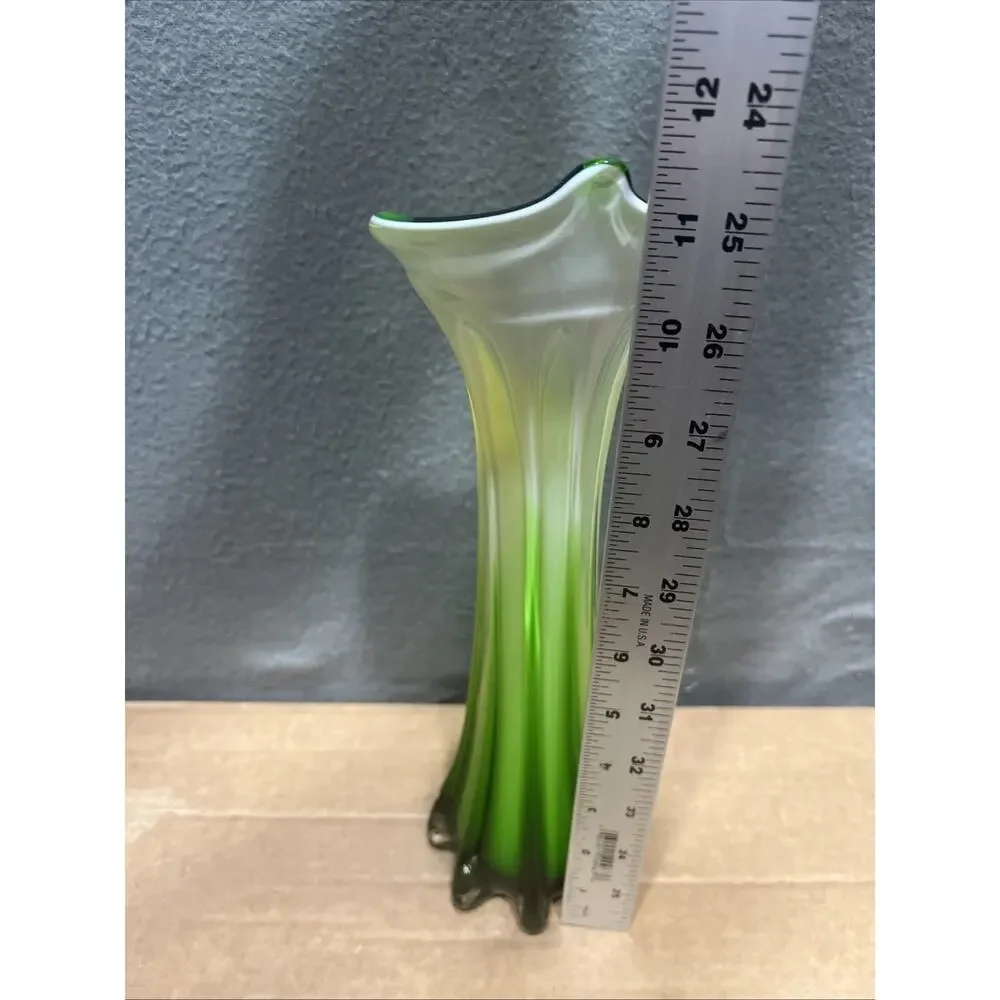 Pier 1 Imports Yellow Green White Hand Blown Glass Tulip Vase 11.75